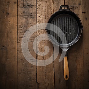 Rustic charm Empty grill pan showcased on an old oak table