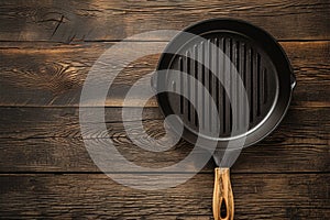 Rustic charm Empty grill pan showcased on an old oak table