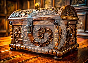 Rustic Charm Exquisite Antique Wooden Coffer Chest on a Handcrafted Shelf A Timeless Treasure photo