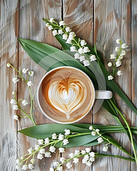 Rustic charm. Heart-shaped coffee latte art with lily of the valley bouquet on weathered wood.