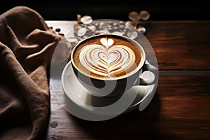 Rustic charm heart shaped latte art enhances a wooden table