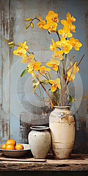 Rustic Charm: Painted Antique Vases With Vibrant Orchids