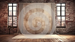 Rustic Charm: Studio Portrait Of An Empty Room With Old Brick Wall And Flowing Fabrics