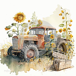 Rustic Charm: Sunflowers and an Old Truck AI Generated