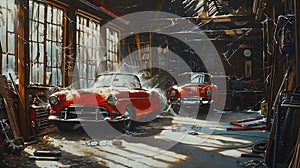 Rustic Charm: Vintage Automobiles In Forgotten Garage./n