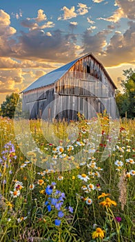The rustic charm of a weathered barn is highlighted by the last rays of the sun, with a foreground of vibrant