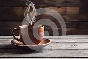 Rustic charm wooden coffee cup on table with steaming drink