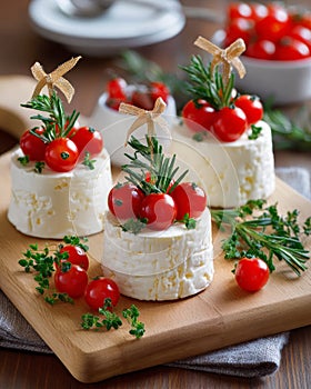 Rustic cheese appetizers with cherry tomatoes and rosemary on wooden board