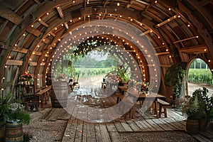 Rustic-chic barn converted into a wedding venue with string lights and wooden tables.