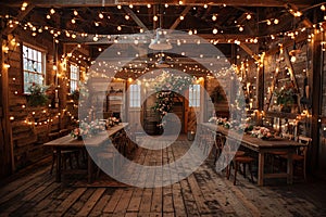 Rustic-chic barn converted into a wedding venue with string lights and wooden tables.