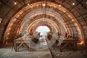 Rustic-chic barn converted into a wedding venue with string lights and wooden tables.