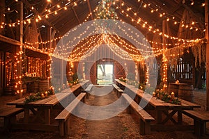 Rustic-chic barn converted into a wedding venue with string lights and wooden tables.