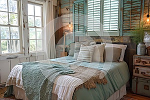 Rustic chic bedroom with reclaimed wood headboard and soft pastel bedding, natural light streaming through plantation shutters