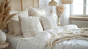 Rustic Chic: Modern Country Bedroom Interior with White and Cream Pillows on Bed