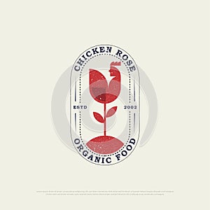 Rustic Chicken Rooster organic food logo design, vintage fried chicken restaurant icon vector illustration