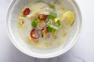 Rustic chicken soup with vegetables, noodles, lemon slice, celery leaves and fresh red chilli