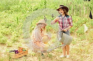 Rustic children working in garden. Planting and watering. Planting vegetables. Hope for nice harvest. Sisters together