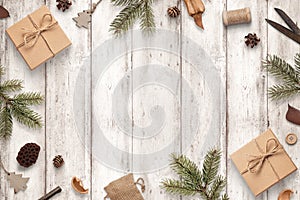Rustic Christmas composition on white wooden table