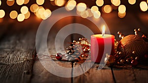 Rustic Christmas Delight - Red Advent Candle and Natural Decor on Rustic Wood with Magical Lights, First Advent Sunday Background