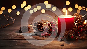 Rustic Christmas Delight - Red Advent Candle and Natural Decor on Rustic Wood with Magical Lights, First Advent Sunday Background