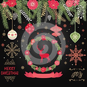 Rustic Christmas,Merry Christmas,Wreath,Banner,Ball,Snowflakes,Christmas Ornaments,Christmas Greeting Invitation Card