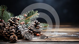 Rustic Christmas Mockup Decorated with cones and holly berries on dark wooden board