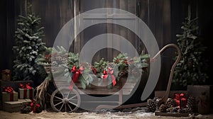 a rustic Christmas scene with a wooden cart, pine trees, and presents in a cozy cabin setting