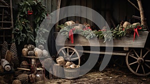 a rustic Christmas scene with a wooden wagon filled with decorations in a barn