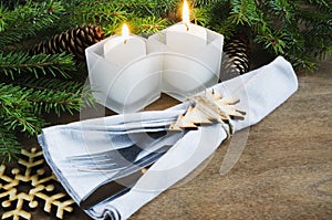 Rustic Christmas Table Setting for Christmas Eve. Winter Holidays.