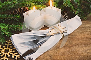 Rustic Christmas Table Setting for Christmas Eve. Winter Holidays.