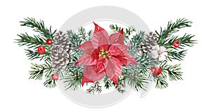 Rustic Christmas wreath illustration. Watercolor pine branches, poinsettia, pine cones, red berries. Festive winter frame