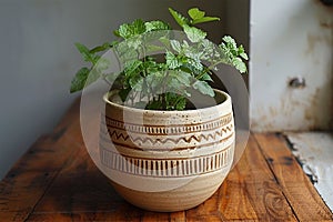 A rustic clay pot with a small plant or flower inside