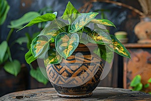 A rustic clay pot with a small plant or flower inside