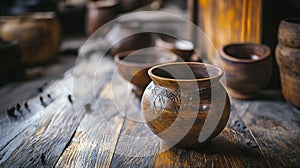 Rustic clay pottery on a wooden table in an artisan workshop photo