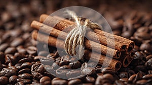 Rustic close?up p of cinnamon bundle among coffee beans