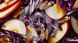 Rustic close-up of red cabbage, pecans, and apples vibrant textures. AI