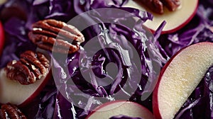 Rustic close-up of red cabbage, pecans, and apples vibrant textures. aI