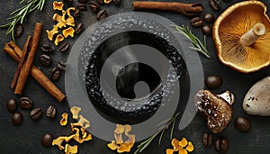 Rustic coffee alternative concept with dried mushrooms, coffee cup, dried lemon slices and coffee beans photo