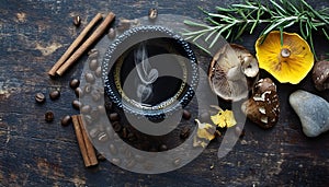 Rustic coffee alternative concept with dried mushrooms, coffee cup, dried lemon slices and coffee beans photo