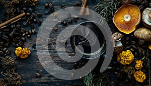 Rustic coffee alternative concept with dried mushrooms, coffee cup, dried lemon slices and coffee beans photo