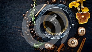 Rustic coffee alternative concept with dried mushrooms, coffee cup, dried lemon slices and coffee beans photo