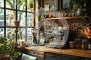 Rustic coffee corner with espresso machine and plants
