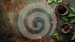 Rustic coffee cup with coffee beans and leaves on dark background