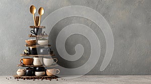 Rustic coffee cup display with natural decor on gray background