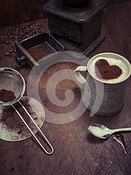 Rustic coffee and grinder preparation background