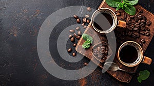 Rustic coffee setup with beans and mint on dark textured background