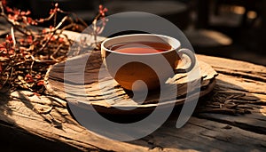 Rustic coffee table holds hot drink in pottery mug indoors generated by AI