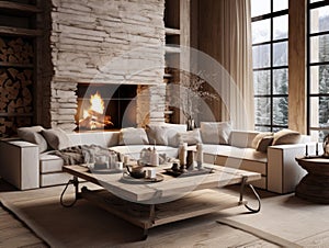 Rustic coffee table between two beige sofas. Rustic interior design of modern living room with fireplace in farmhouse