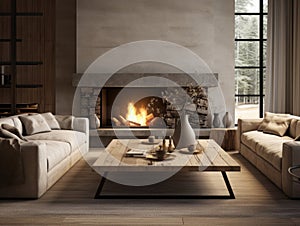 Rustic coffee table between two beige sofas. Rustic interior design of modern living room with fireplace in farmhouse