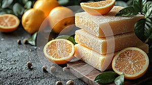 Freshly sliced oranges with cheese on a rustic table